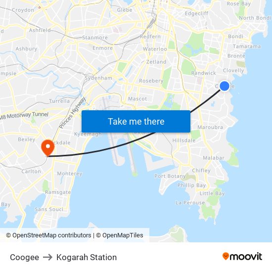 Coogee to Kogarah Station map