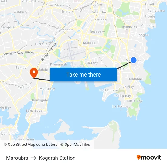 Maroubra to Kogarah Station map