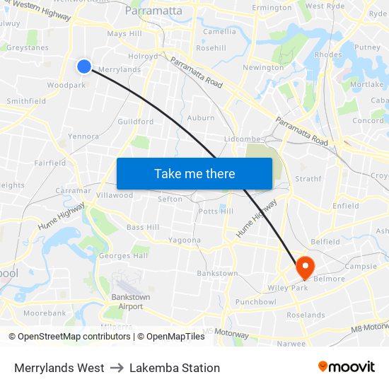 Merrylands West to Lakemba Station map