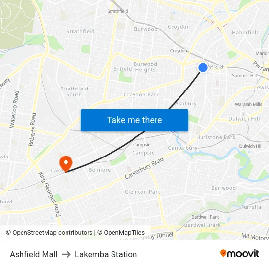 Ashfield Mall to Lakemba Station map