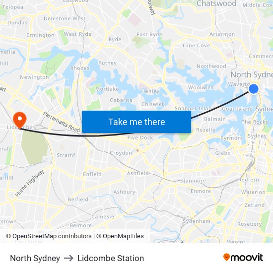 North Sydney to Lidcombe Station map