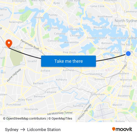 Sydney to Lidcombe Station map