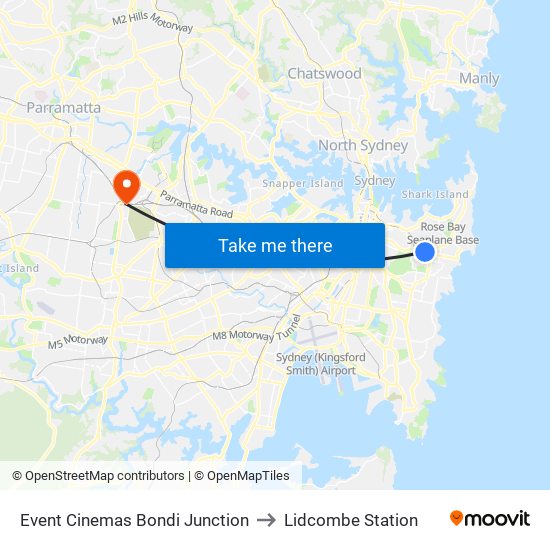 Event Cinemas Bondi Junction to Lidcombe Station map