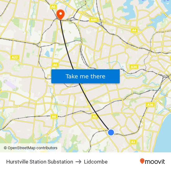 Hurstville Station Substation to Lidcombe map