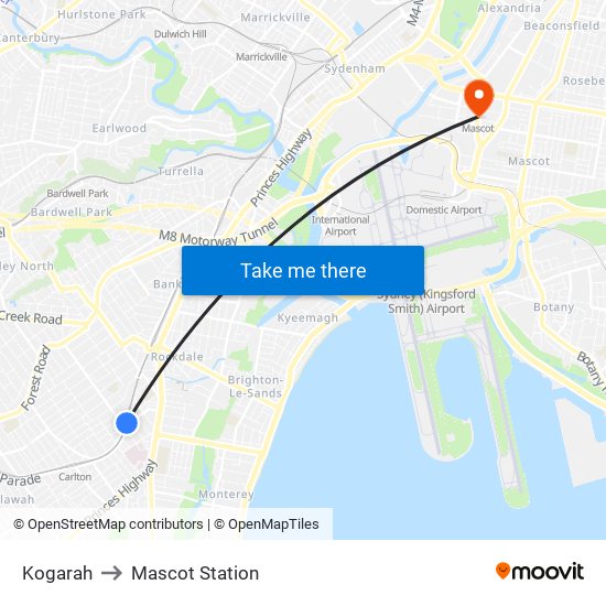 Kogarah to Mascot Station map