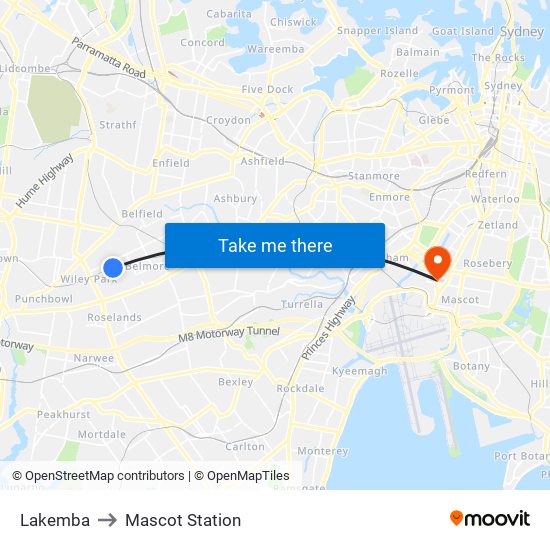 Lakemba to Mascot Station map