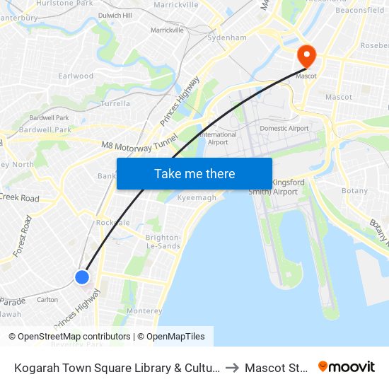 Kogarah Library to Mascot Station map