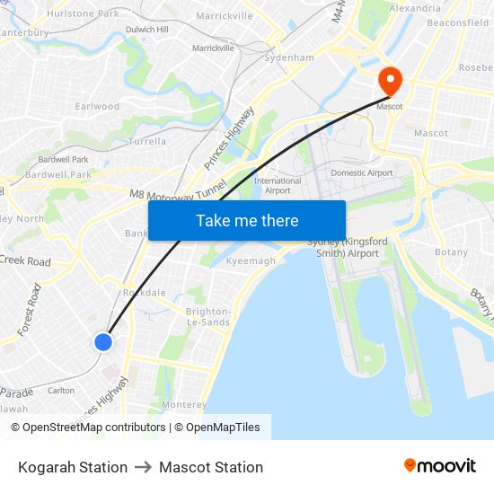Kogarah Station to Mascot Station map