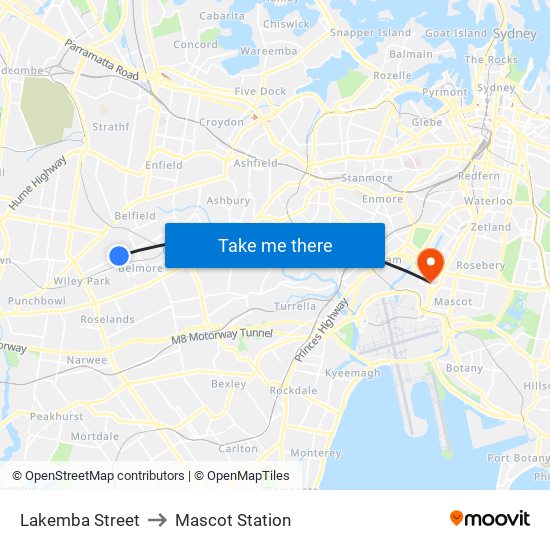 Lakemba Street to Mascot Station map