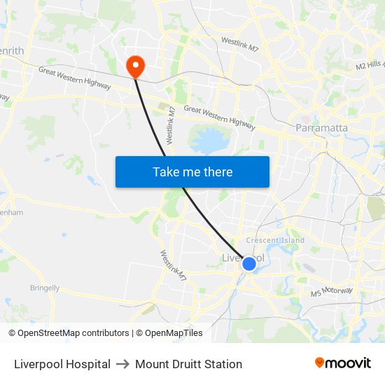 Liverpool Hospital to Mount Druitt Station map