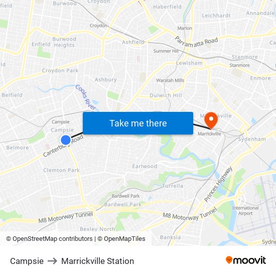 Campsie to Marrickville Station map