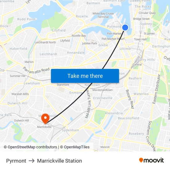Pyrmont to Marrickville Station map