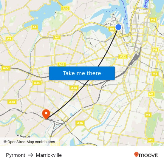 Pyrmont to Marrickville map