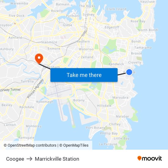 Coogee to Marrickville Station map
