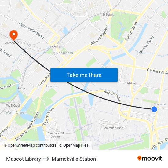 Mascot Library to Marrickville Station map
