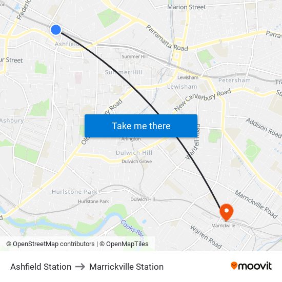 Ashfield Station to Marrickville Station map