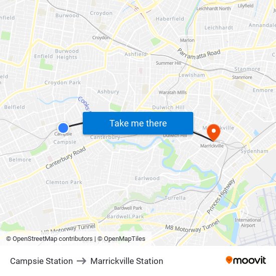 Campsie Station to Marrickville Station map