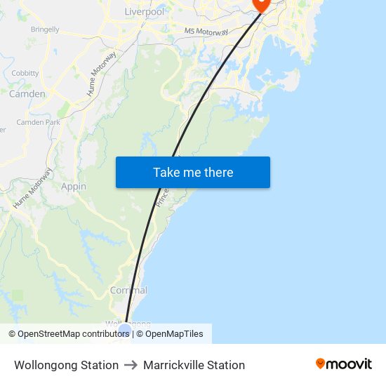 Wollongong Station to Marrickville Station map