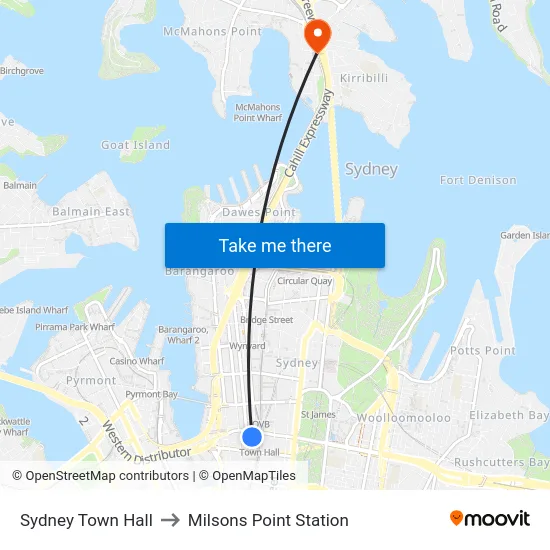 Sydney Town Hall to Milsons Point Station map