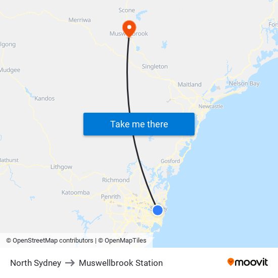 North Sydney to Muswellbrook Station map