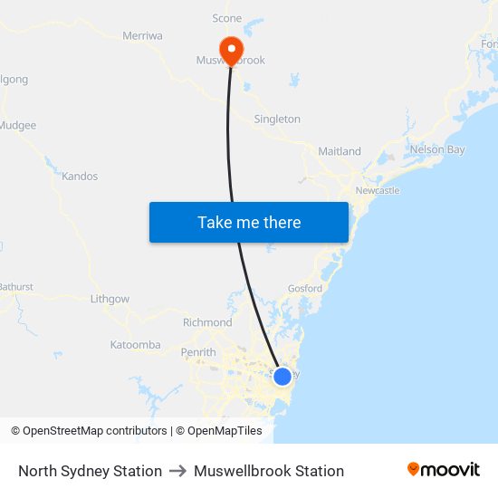 North Sydney Station to Muswellbrook Station map