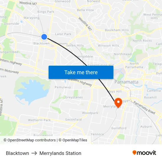 Blacktown to Merrylands Station map