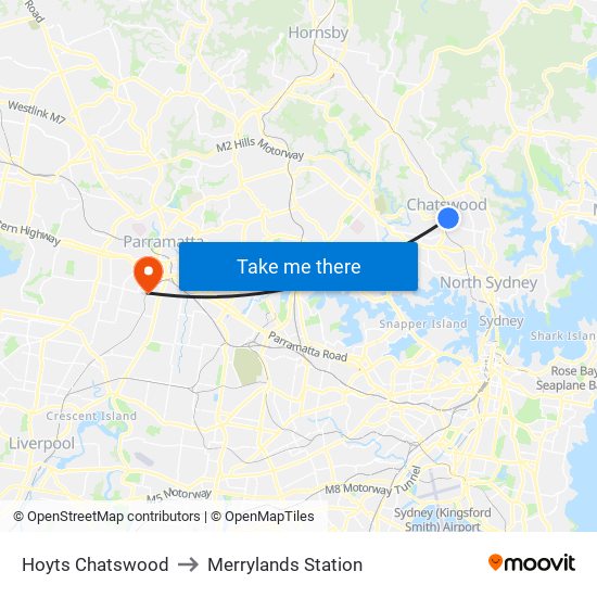 Hoyts Chatswood to Merrylands Station map