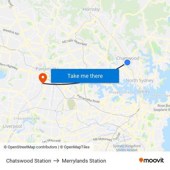 Chatswood Station to Merrylands Station map