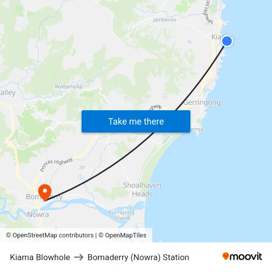 Kiama Blowhole to Bomaderry (Nowra) Station map