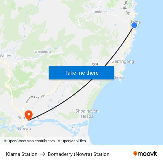 Kiama Station to Bomaderry (Nowra) Station map