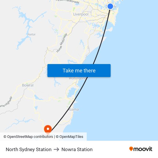 North Sydney Station to Nowra Station map