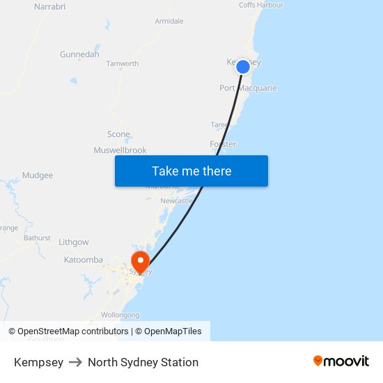 Kempsey to North Sydney Station map