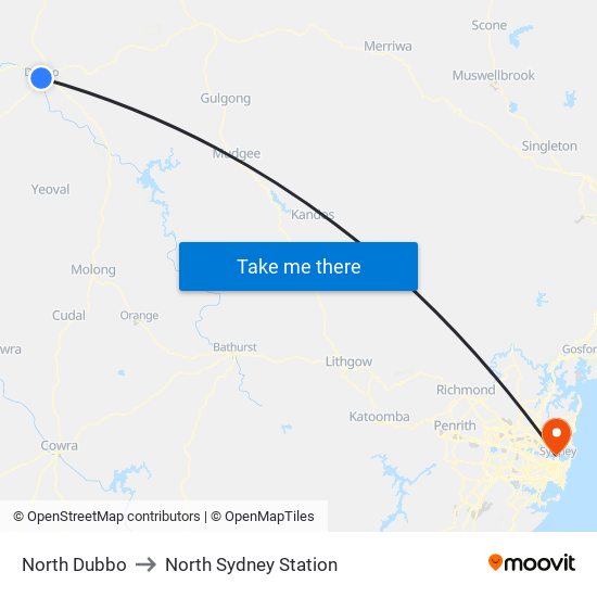 North Dubbo to North Sydney Station map