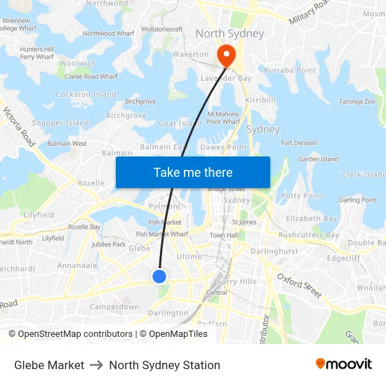 Glebe Market to North Sydney Station map