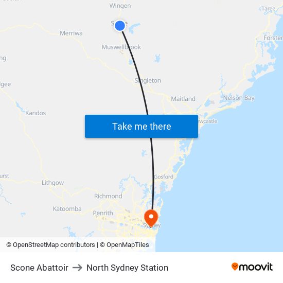 Scone Abattoir to North Sydney Station map