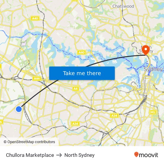 Chullora Marketplace to North Sydney map