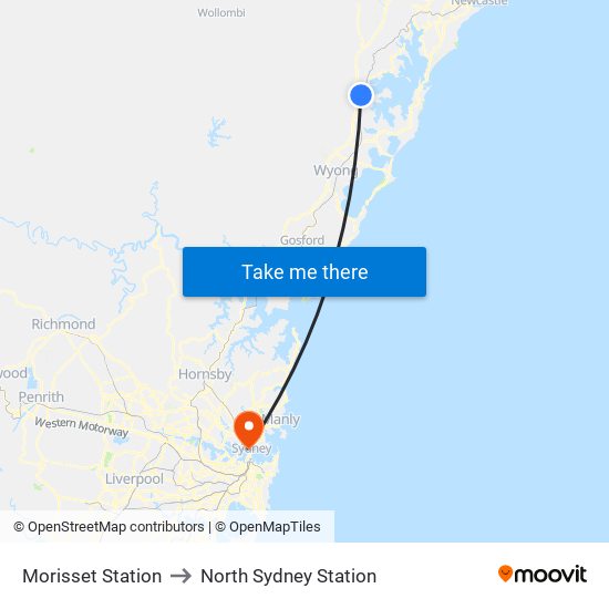 Morisset Station to North Sydney Station map