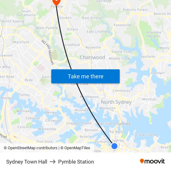 Sydney Town Hall to Pymble Station map