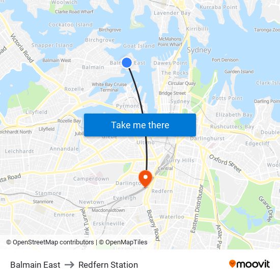 Balmain East to Redfern Station map