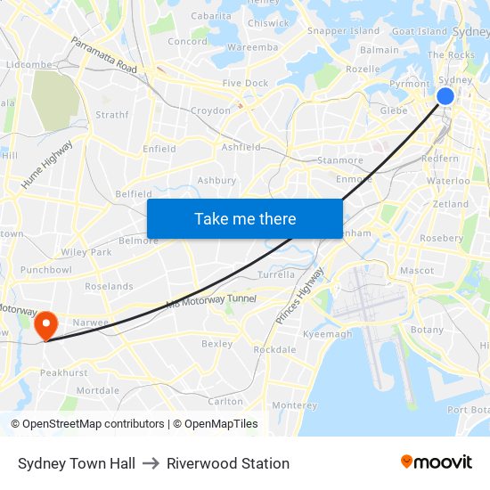 Sydney Town Hall to Riverwood Station map