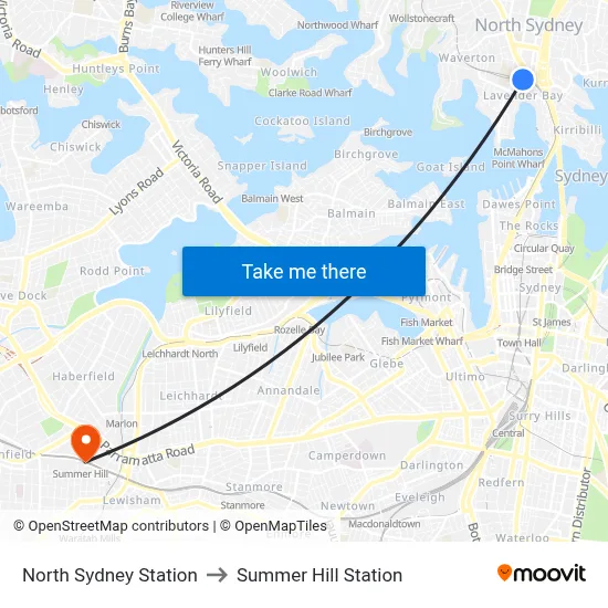 North Sydney Station to Summer Hill Station map