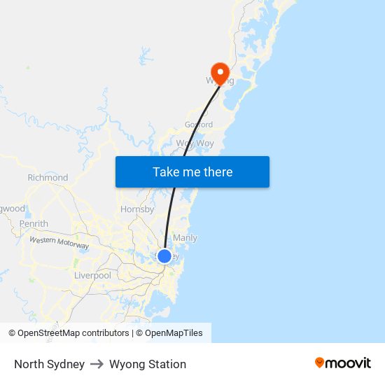 North Sydney to Wyong Station map