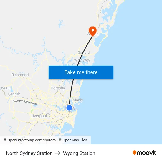 North Sydney Station to Wyong Station map