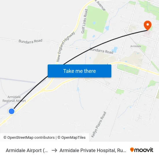 Armidale Airport (ARM) to Armidale Private Hospital, Rusden St map