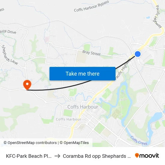 KFC-Park Beach Plaza, Coffs Harbour NSW 2450 to Coramba Rd opp Shephards Lane map