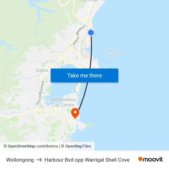 Wollongong to Harbour Bvd opp Warrigal Shell Cove map