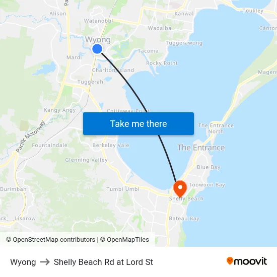 Wyong to Shelly Beach Rd at Lord St map