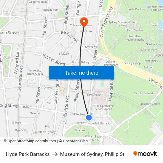 Hyde Park Barracks to Museum of Sydney, Phillip St map