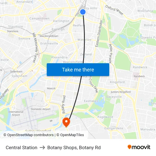 Central Station to Botany Shops, Botany Rd map