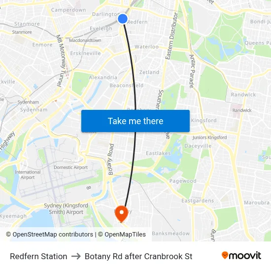 Redfern Station to Botany Rd after Cranbrook St map